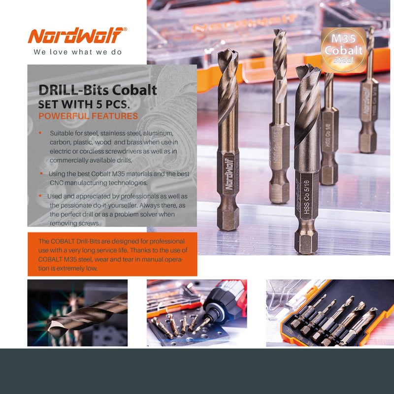 NordWolf 5-Piece M35 Cobalt Stubby Drill Bit Set for Stainless Steel & Hard Metals  with 1/4"" Hex Shank for Quick Chucks & Impact Drivers  SAE Sizes 3/32""-1/8""-3/16""-1/4""-5/16"" in Storage Case - Image 5